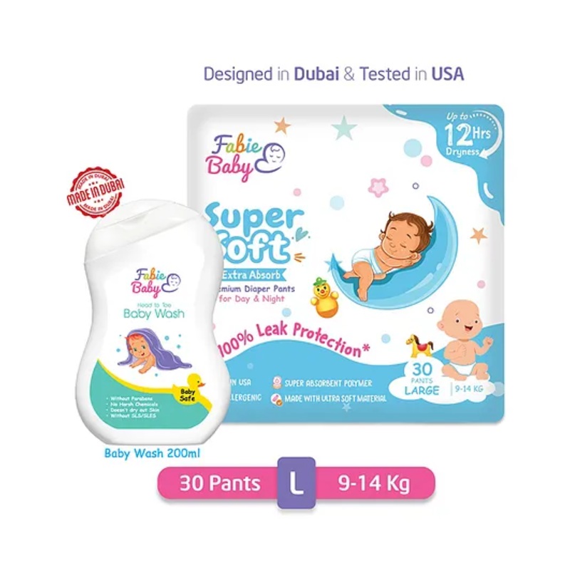 Fabie Baby Premium 12 Hrs Protection Diaper Pants Large (30Pcs) Designed in Dubai & Tested in USA & Baby Wash (250ml) - Pack of 2