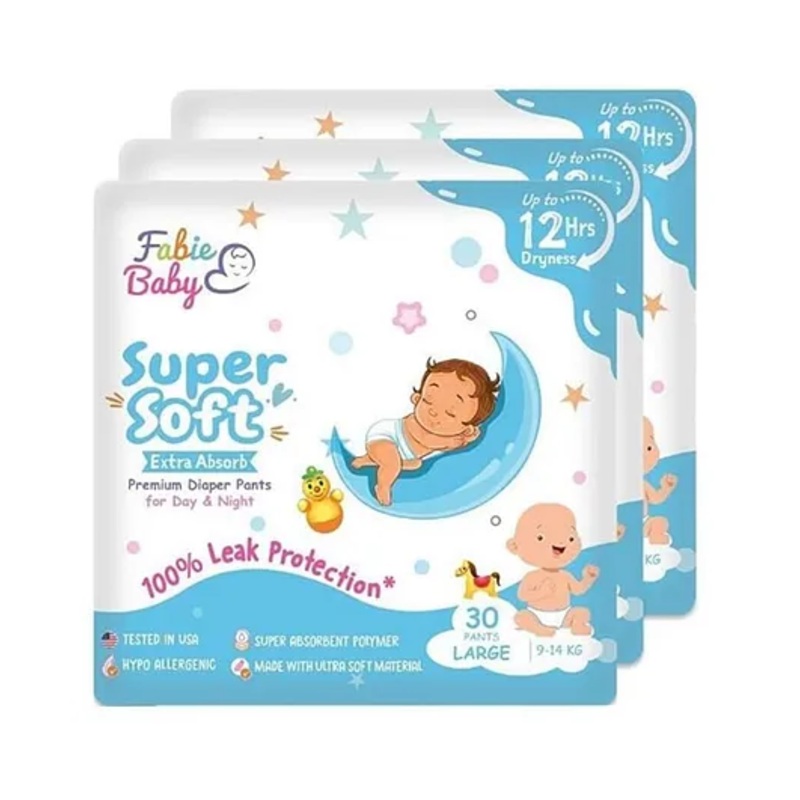 Fabie Baby Premium Diapers Large Size (30Pcs) 12 Hours Absorption Anti Rash diapers & Tested In USA - Pack of 3