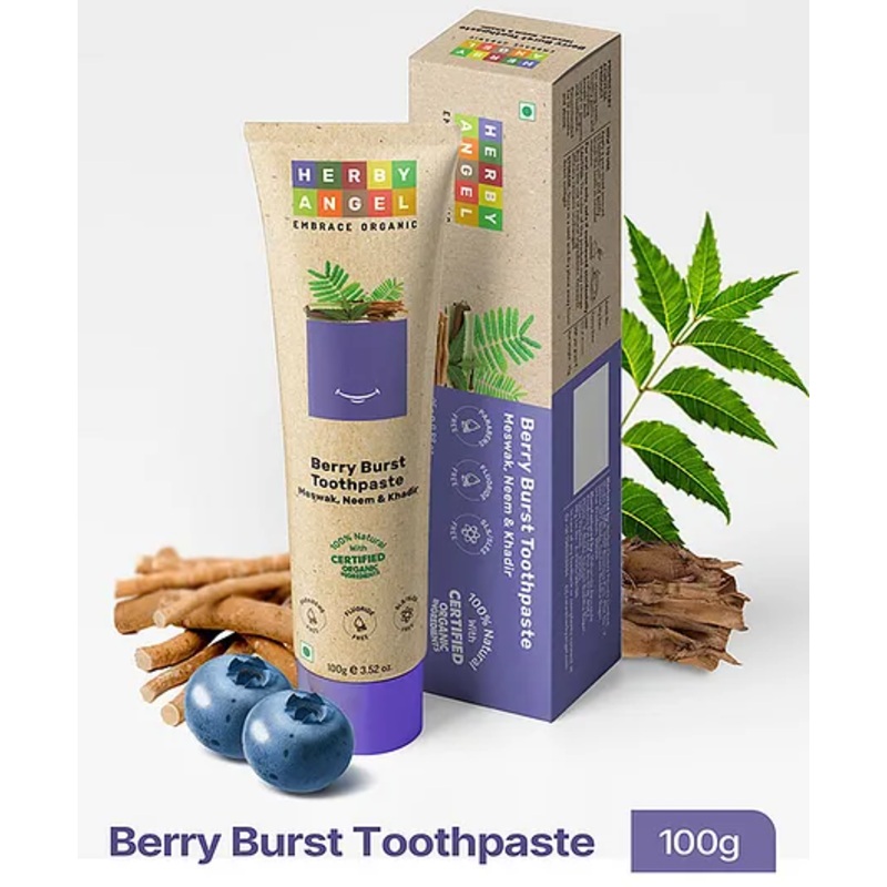 Herby Angel Berry Burst Baby Toothpaste with Meswak, Neem & Khadira Organic Ingredients Healthy Gums Refreshing Breath - 100 g