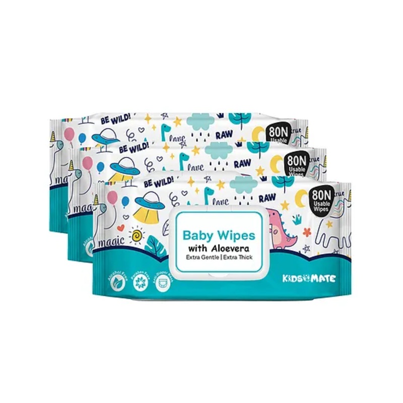 Kidsmate Gentle Care Baby Wet Wipes: Aloe-Infused Moisturizing Wipes for Delicate Skin (80 Count, Pack of 3)