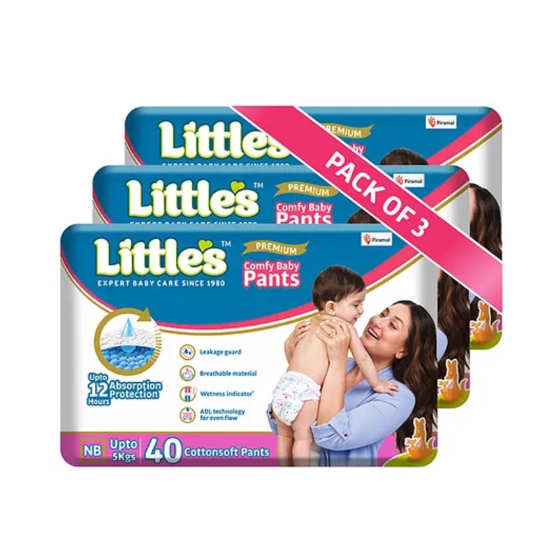 Little's New Born Baby Diaper Pants Style (NB) | Upto 5 kg | 120 Count - Pack of 3 | CottonSoft Baby Diapers with Leakage Guard, Wetness Indicator & 12 Hours Absorption