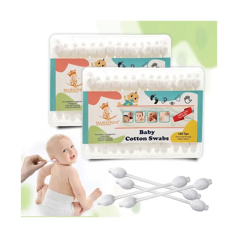 Majestique Baby Safety Cotton Swab Paper Organic Soft & Gentle Tip for Cleaning & More - 80-Swabs each for Baby - Pack of 2