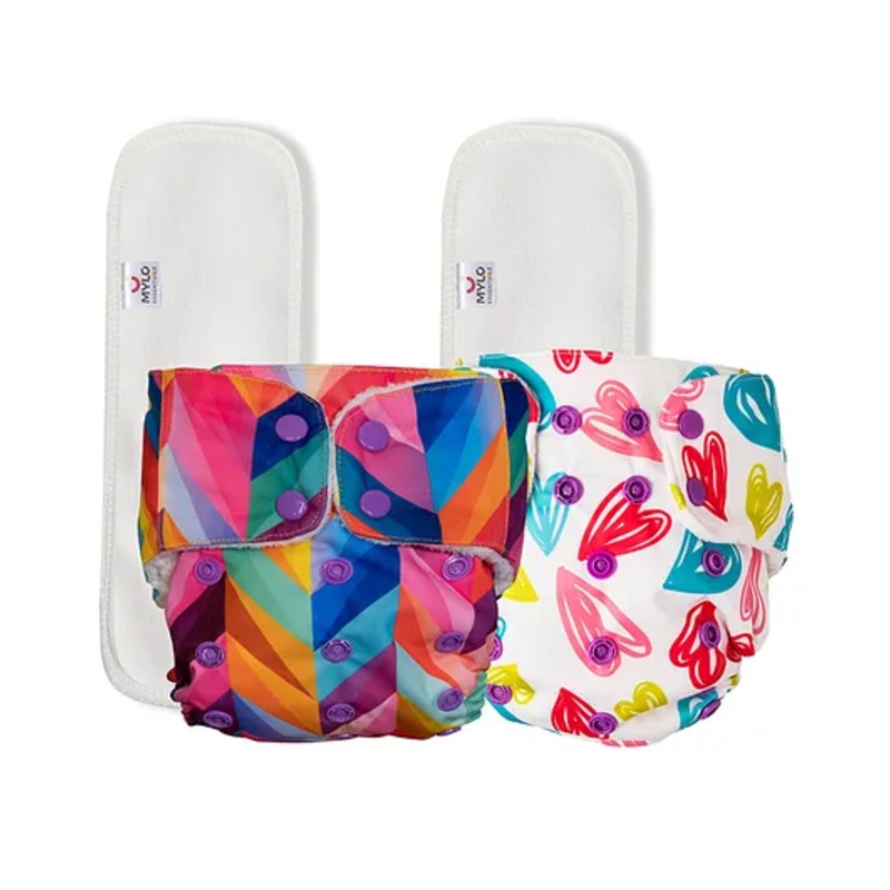 Mylo Baby Freesize Adjustable Cloth Diapers with 2 Free Insert Oeko Tex Certified Pack of 2 - Heart Doodles Rainbow Multicolour