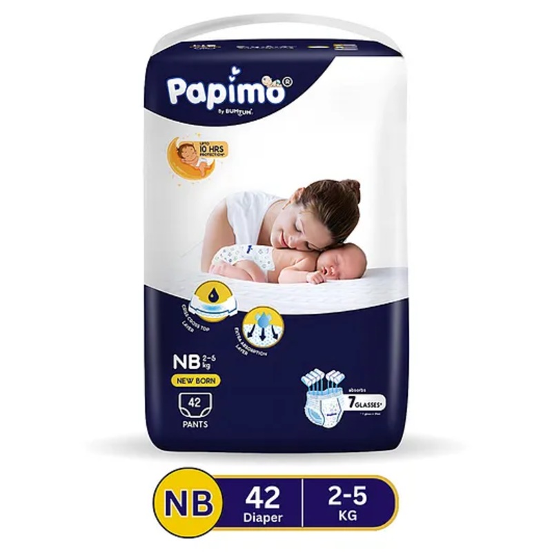 Papimo Baby Diaper Pants  | 12 Hours Absorption with Criss-Cross Technology | Cottony Soft & Breathable | Aloe Vera Infused | Wetness Indicator | New Born (2-5 KG) | Pack of 1 (42 Diapers)