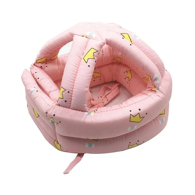 Syga Crown Print Baby Head Protector With Cushion Bonnet - Pink