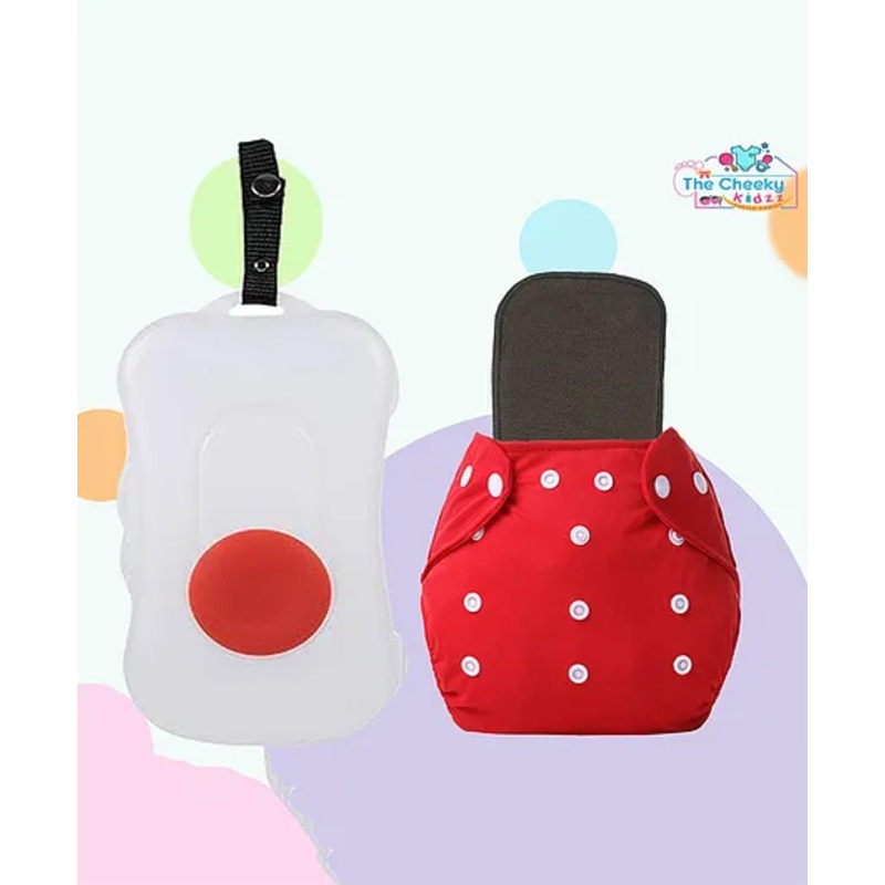 The Cheeky Kidzz Refillable Durable Baby Wet Wipes Storage Box Slide Container With Wipes Sheet And Baby Reusable Cloth Diaper Nappy Insert Soaker Combo (RED)