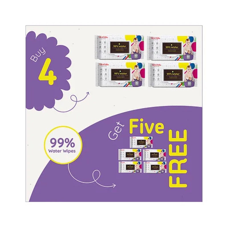 Tiffy & Toffee Premium Baby Skincare Wet Wipes With Aloe Vera Super Saver Pack - 80 Pieces Each ( Buy 4 Get 5 Free )
