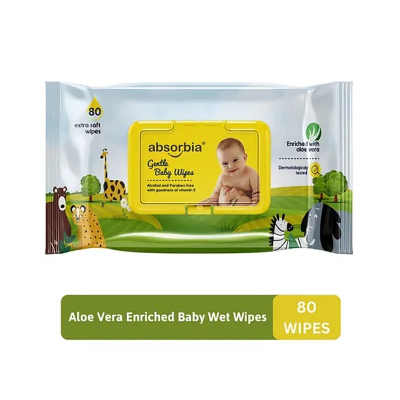 ABSORBIA Baby Wipes - With LID | Aloe Vera Extract | 80 Pieces | Pack of 1