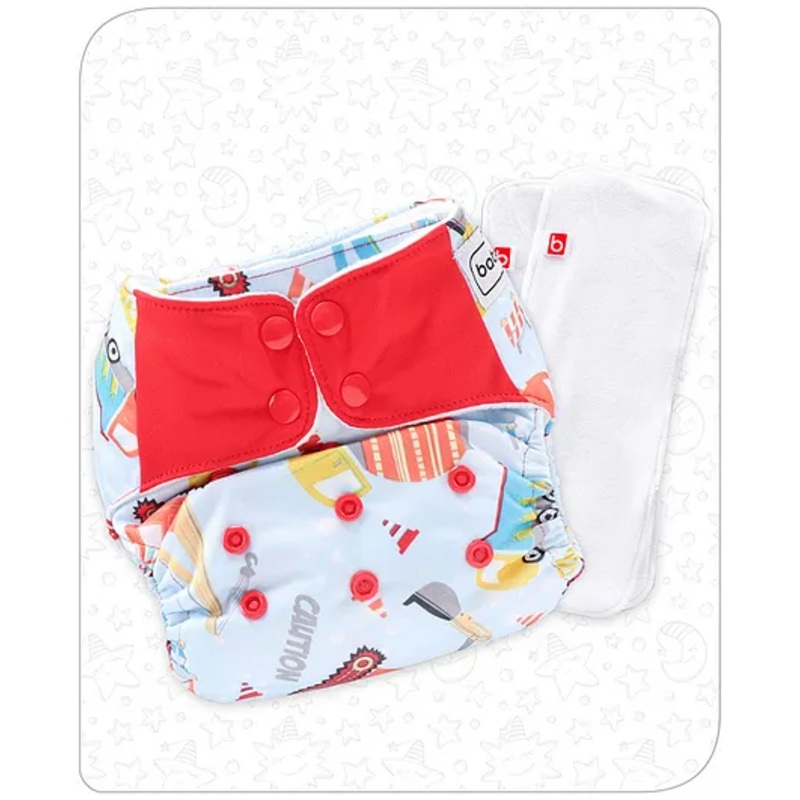 Babyhug Free Size Reusable Contrast Flap Closure Cloth Nappies With 2 SmartDry Inserts Transport print -  Blue