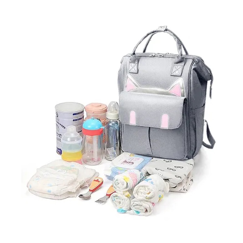 Babymoon Multifunction Diaper Backpack Style Kitty Print Diaper Bag - Grey