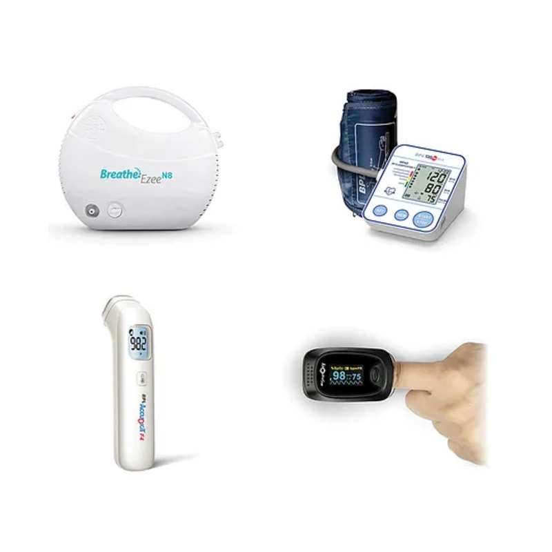 BPL Medical Technologies Adult Health Combo - B18 Blood Pressure Monitor + N8 Low Noise Nebulizer + Smart Oxy Oximeter + Accu Digit Infrared F4 Thermometer