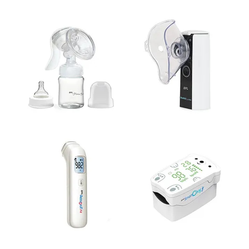 BPL Medical Technologies Kids Health Combo - MamaBee BPA free Breast Pump 150ml + Mesh N20 Nebulizer + Smart Oxy Jr Oximeter + Accu Digit Infrared F4 Thermometer