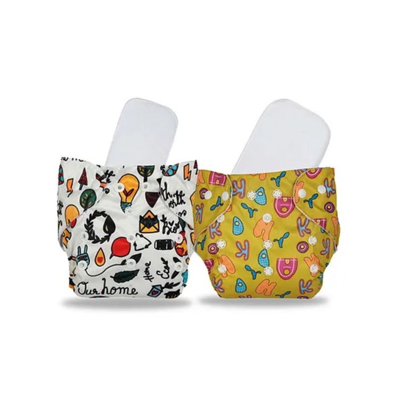Chinmay Kids Cloth Diaper Cute Prints Free size Reusable Washable Adjustable Snap Buttons Cloth Diaper For Babies With Wet Free Insert Pads Leak Proof & Dry Feel & Set of 2 - White & Yellow