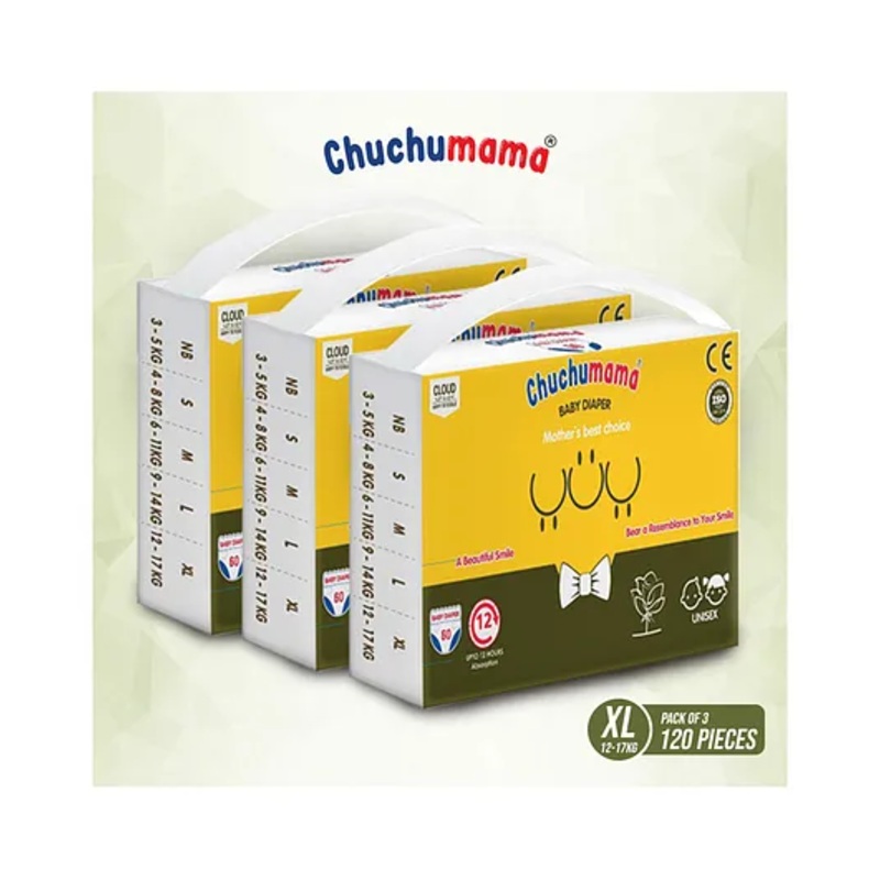Chuchumama Taped Style Baby Diaper, Extra large (XL) Size Baby Diaper Pants, 12- 17  kg, Combo Pack of 3, 40 count Per Pack, 120 count, 12 hrs Absorption and Cottony Soft Material