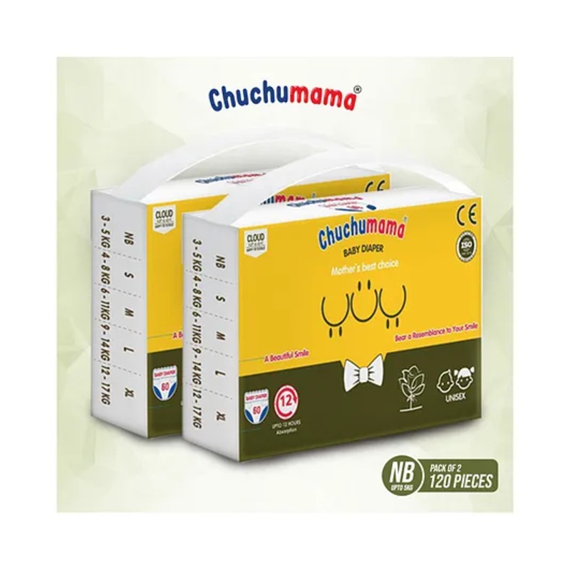 Chuchumama Taped Style (VELCRO) new born (NB) Size, 0 - 5 kg, Combo Pack of 2, 60 count Per Pack, 120 count, 12 hrs Absorption and Cottony Soft Material