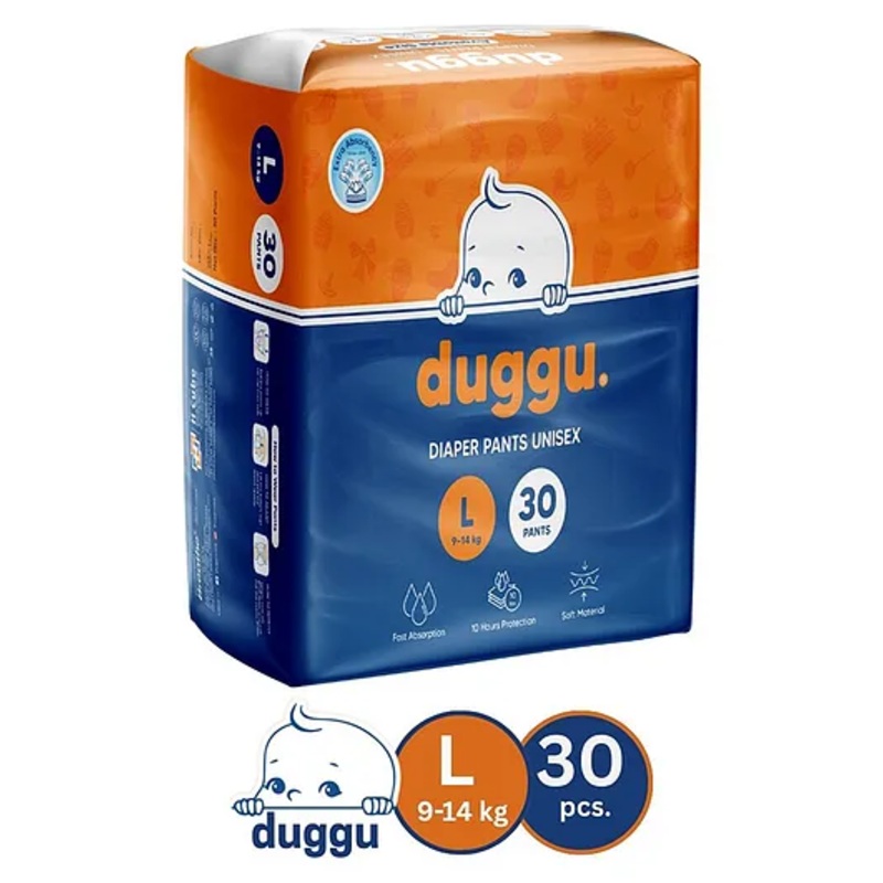Duggu Baby Diaper Pants | Feather-Like Cotton Feel | Up to 10-Hour Absorption | Soft Elastic Waistband | Highly Absorbent | Large | 9-14 KG | Pack of 1 - 30 Diapers