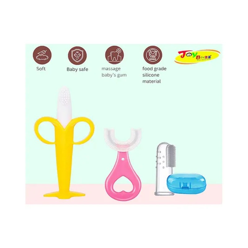 Joy Buzz Silicone Toothbrushes Pack Of 3 - Dark Pink & Yellow