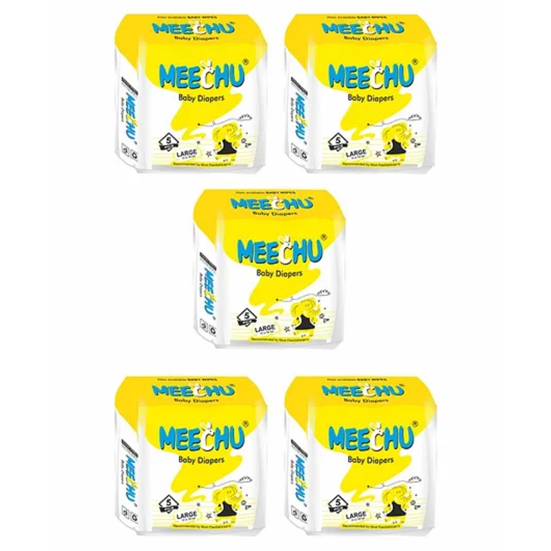 Meechu Taped Style Diapers Large (pack of 5)- Cottony Soft Absorb Technology Leakage Protection - 25 Pieces