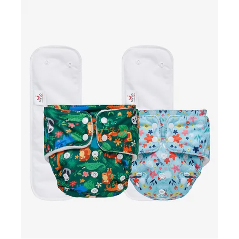 Mylo Baby Freesize Adjustable Cloth Diapers with 2 Free Insert Oeko Tex Certified Pack of 2 - Floral Spring Jungle Multicolour