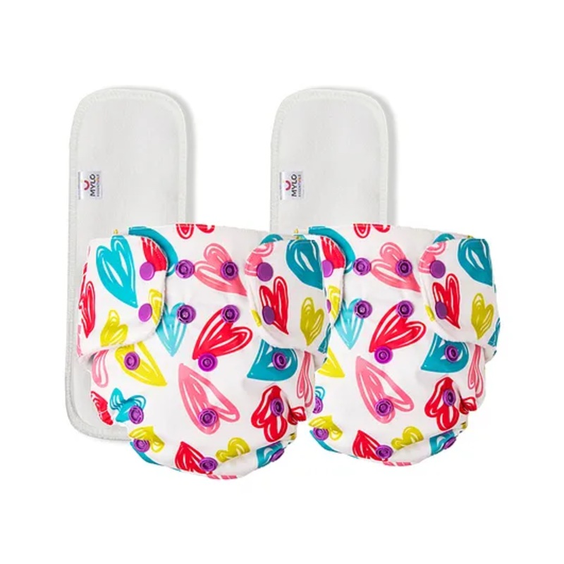 Mylo Baby Freesize Adjustable Cloth Diapers with 2 Free Insert Oeko Tex Certified Pack of 2 - Heart Doodles