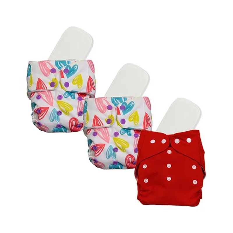 Mylo Baby Freesize Adjustable Cloth Diapers with 3 Free Insert Oeko Tex Certified Pack of 3 - Red Heart Print