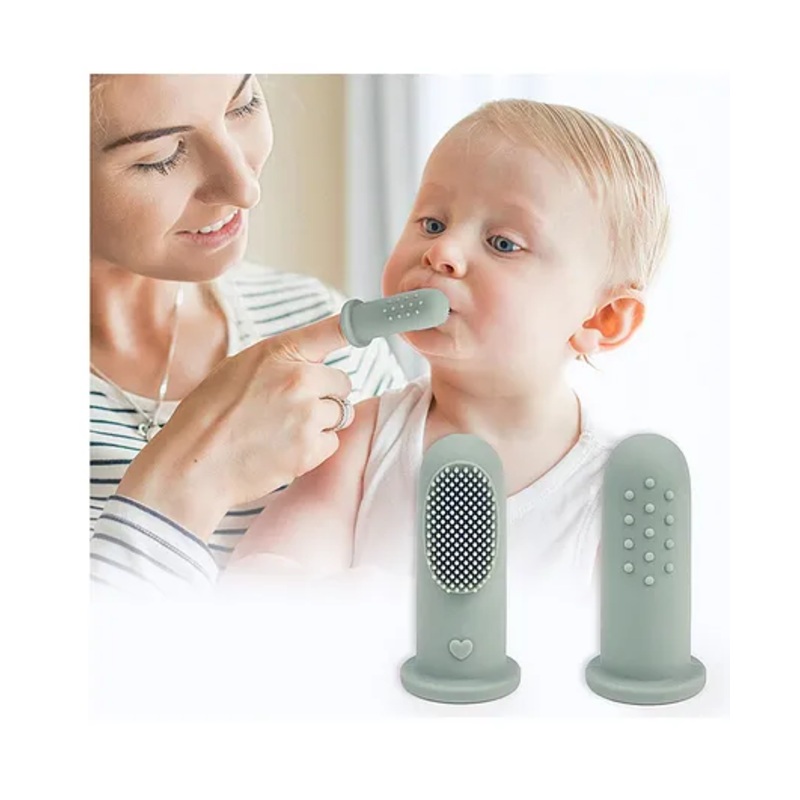 R for Rabbit Tiny Smiles Silicone 2 in 1 Gummy Finger Brush & Tongue Cleaner with Storage Case - Olive Green