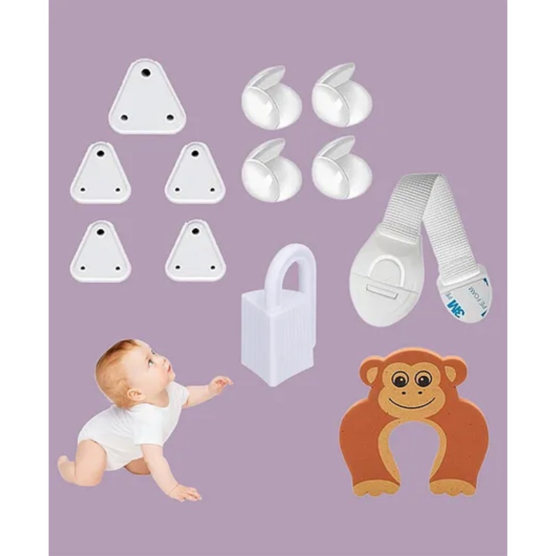 Safe-O-Kid Room Safety Combo  12-Piece Baby Proofing Kit with 1 Hinge Lock, 4 Ball Shaped Corner Guards, 5 Socket Covers, 1 Monkey Shaped Door Stopper &1 Nylon Lock