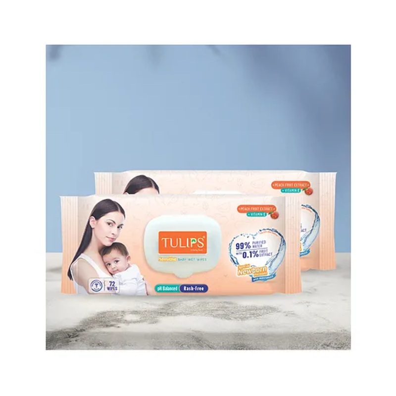 TULIPS Sensitive Baby Wet Wipes With LID Peach Fruit Extract & Vitamin E Pack of 2 - 72 Pieces Each