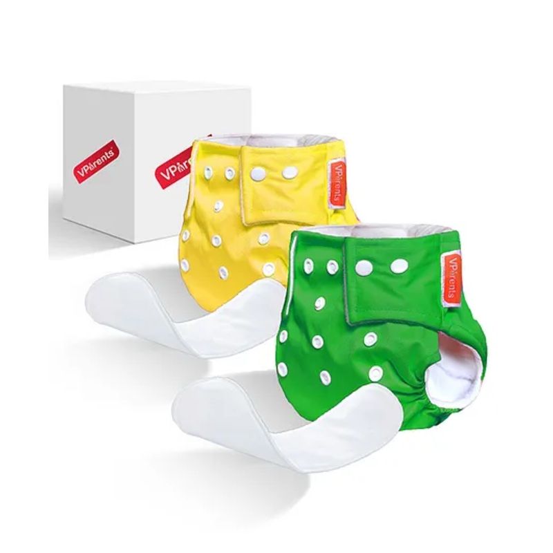 VParents Solid Washable Baby Cloth Diaper Reusable Adjustable Size Waterproof Pocket Cloth Diaper Nappie With Insert Pack of 2 - Green & Yellow