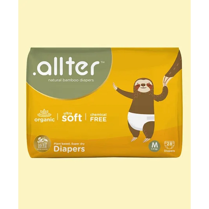 Allter Organic Bamboo Feet Print Taped Diapers For Medium Size - 28 Pieces