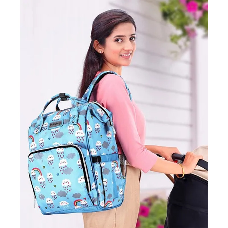 Babyhug Backpack Style Spacious Cloud Print Diaper Bag - Blue