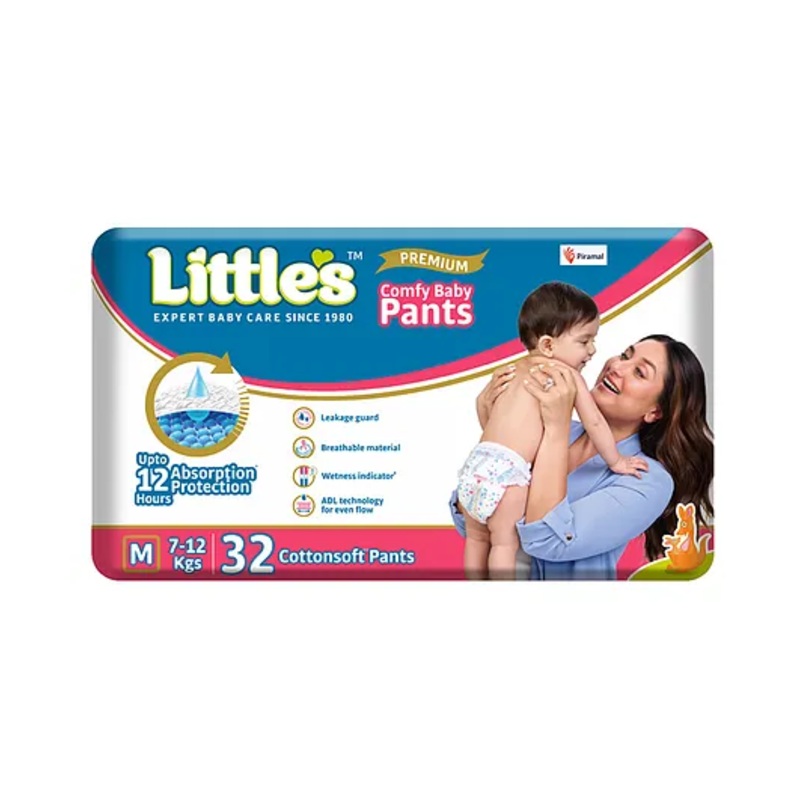 Little's Comfy Baby Pants Diapers Medium Size with Wetness Indicator and 12 hours Absorption, M (32 count)