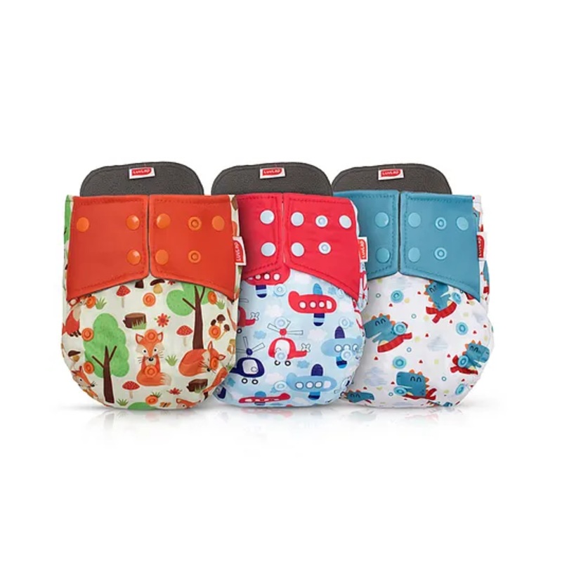 LuvLap Reusable Baby Cloth Diapers Combo Pack of 3, Includes Orange & Green, Blue & Pink, Blue Stars Prints, Double Leak Guard, High Absorption, Stain-Proof Comfort, For 3+ Months