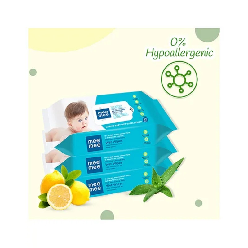 Mee Mee Caring Baby Wet Wipes With Lemon Fragrance Pack Of 3 - 72 Pieces Each