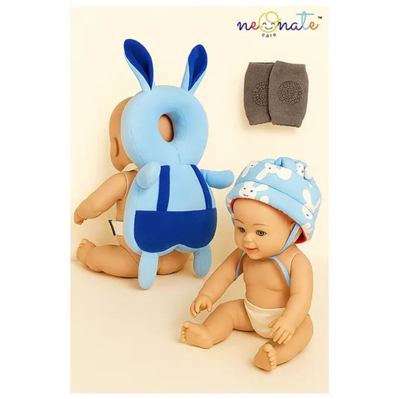 NeonateCare Baby safety Combo of Baby Helmet and Baby Head Protector Cushion Backpack with knee pads (Blue Smiley Helmet + Blue rabbit Head protector + knee pads) (pack of 3)