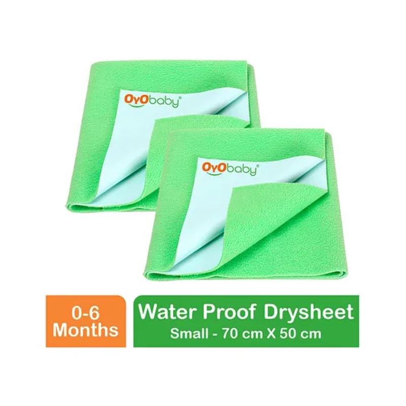 OYO BABY Anti-Piling Fleece Extra Absorbent Instant Dry Sheet, Baby Bed Protector, Waterproof Sheet, Small (70cm x 50cm), Pack of 2 - Light Green