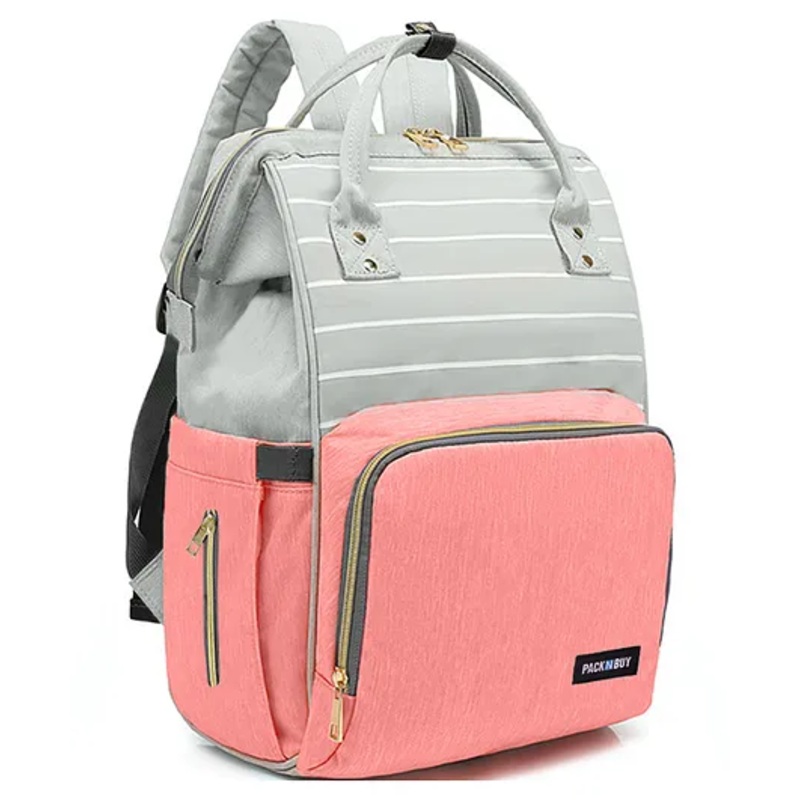PACKNBUY Diaper Bag Backpack Stylish Stripe Pattern  Pink Grey