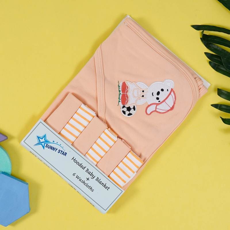 Baby 7Pcs Wrapping Sheet & Washcloths Bear Orange - Sunshine
