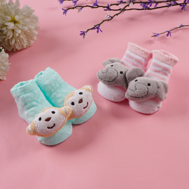 Baby Pack Of 2 Pairs Socks Monkey & Elephant - Sunshine