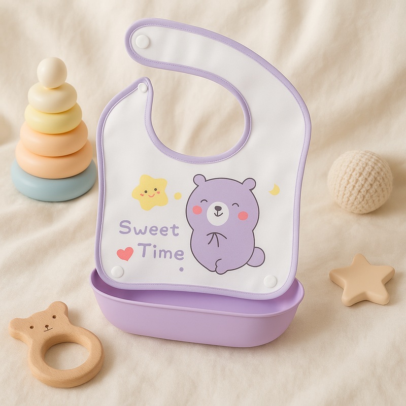 Baby Bib With Detachable Silicon Pocket Sweet Bear Purple - Sunshine