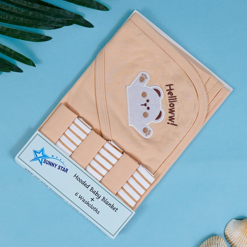 Baby 7Pcs Wrapping Sheet & Washcloths Helloww Bear Beige - Sunshine