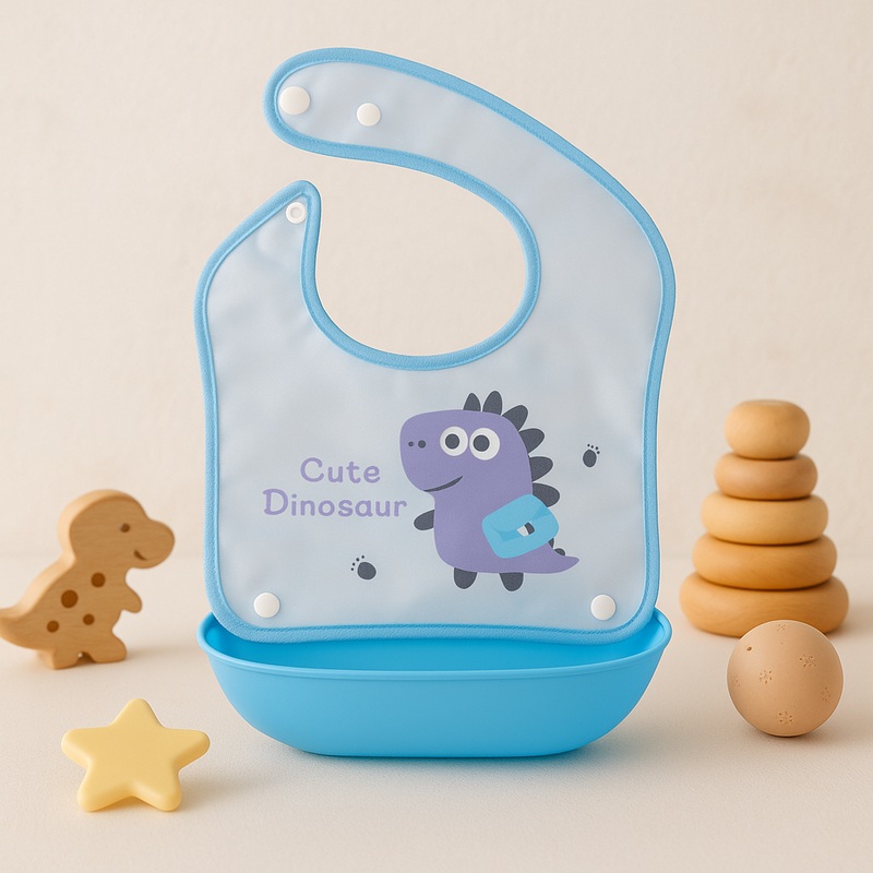 Baby Bib With Detachable Silicon Pocket Cute Dino Blue - Sunshine