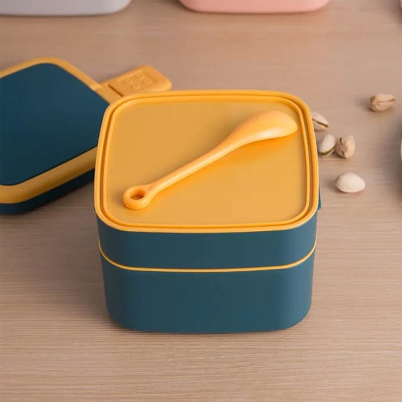 Blue Double-Layer Portable Bento Lunch Box  Stackable with Handle & Spoon