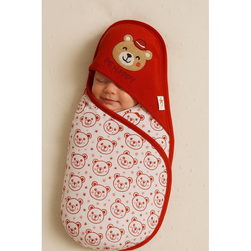 Baby Hooded Cotton Wrapping Sheet Be Happy Red (34In X 36In) - Sunshine