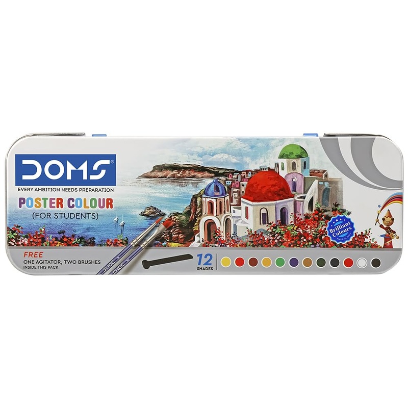 Doms 12 Shades Poster Colours | Rich & Vibrant Colors | Free Agigator & Brush Inside For Uniform Mixing | Non-Toxic & Safe For Childrens | Pack of 1