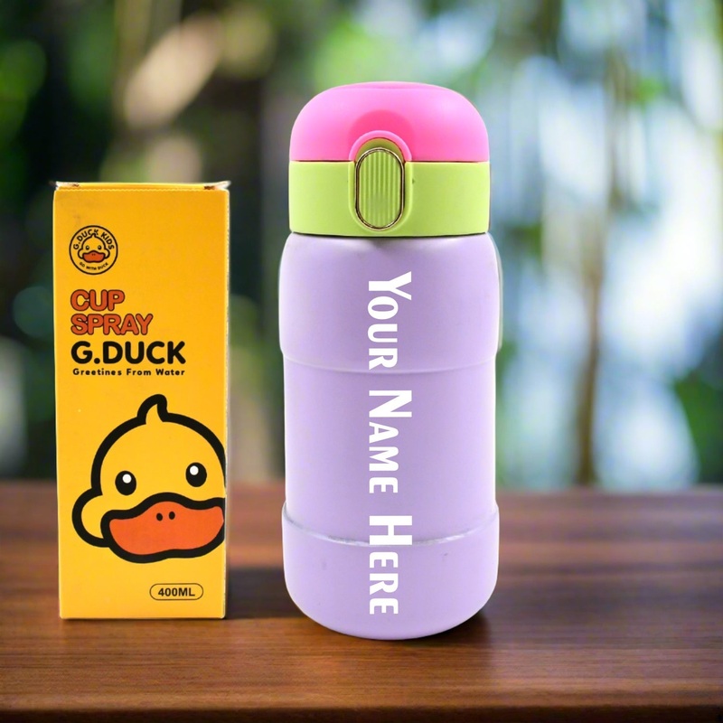 Customize DuckStainless Steel Water Bottle For Kids Adults Steel Flask Metal Thermos, Spill Proof Cap Closure, BPA Free For School Home Office, Drinkware, 400 ML