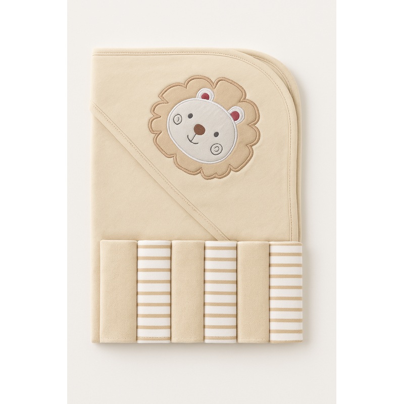 Baby 7Pcs Wrapping Sheet & Washcloths Lion Beige - Sunshine