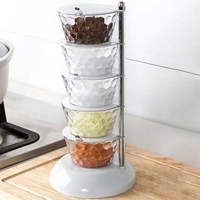 5 Section 360 Rotating Vertical Seasoning Box Plastic Pickle Tower | Spice Rack (5 Layer with 5 Plastic Spoon / 1 Set)