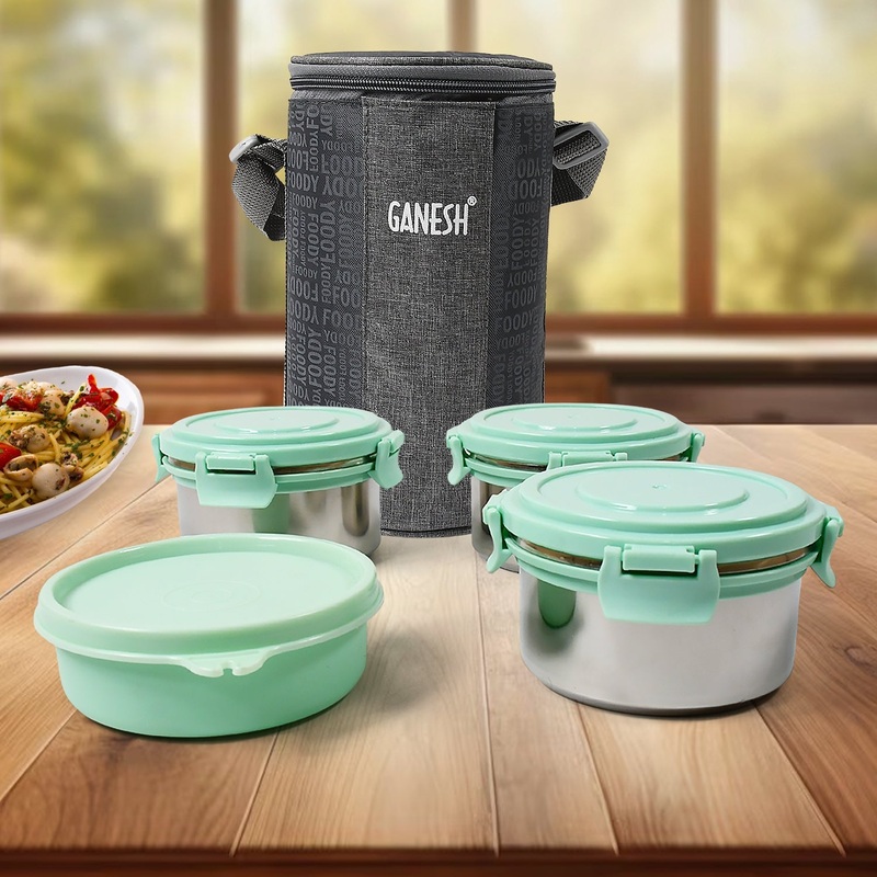 Ganesh 4In1Tiffin Box-Lunch Box | 3 Stainless Steel Containers 300 Ml Approx & Plastic Salad Container 200 Ml Approx| Plastic lid Box | Round Zip Bag | Leak Proof | Microwave Safefor Office, College and School for Men, Women