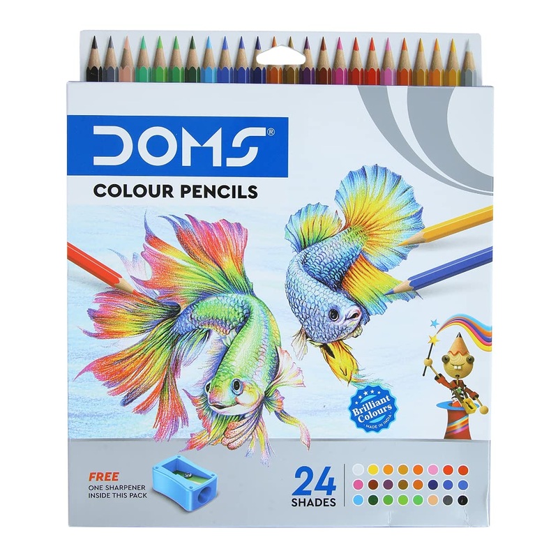 DOMS 24 Shades Color Pencils|Hexagonal Shaped Body For Comfortable Grip|Bright&Playful Colors|Free Sharpner With Each Pack|Non-Toxic&Safe For Childrens|Pack Of 1|Multicolor